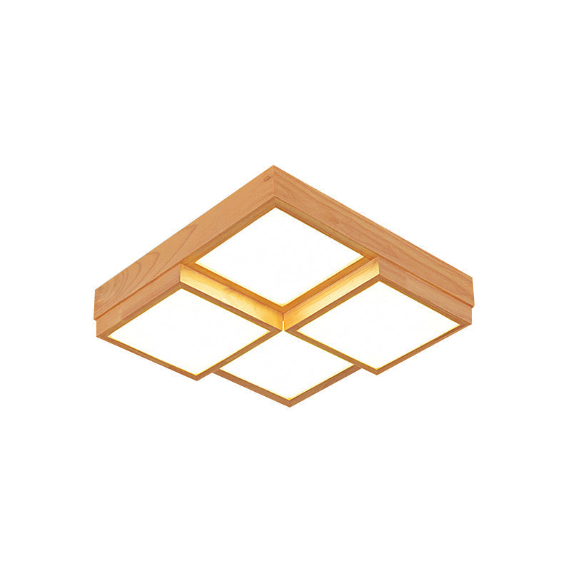 Modern Natural Wood Square Flush Mount Ceiling Light - 4/6/9 - Light Led Wooden Fixture In