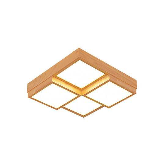 Modern Natural Wood Square Flush Mount Ceiling Light - 4/6/9 - Light Led Wooden Fixture In