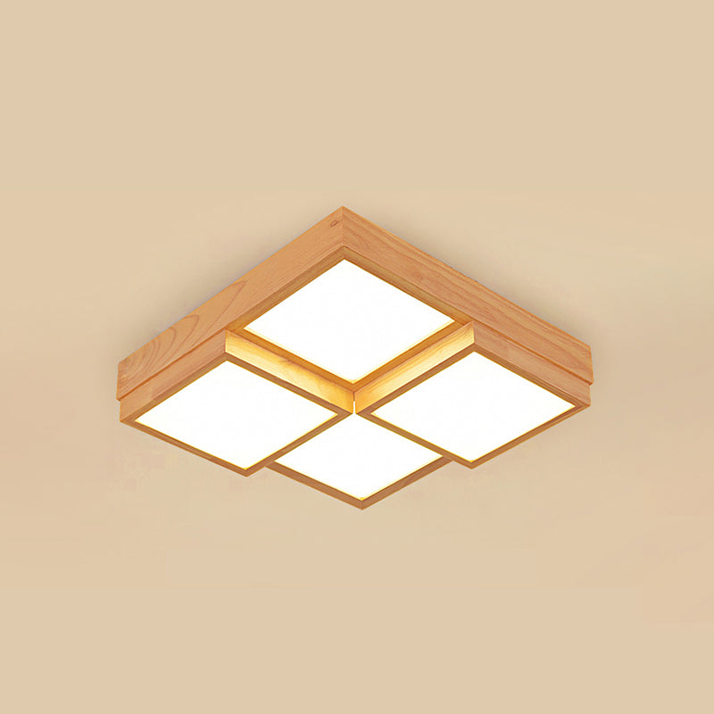 Modern Natural Wood Square Flush Mount Ceiling Light - 4/6/9 - Light Led Wooden Fixture In