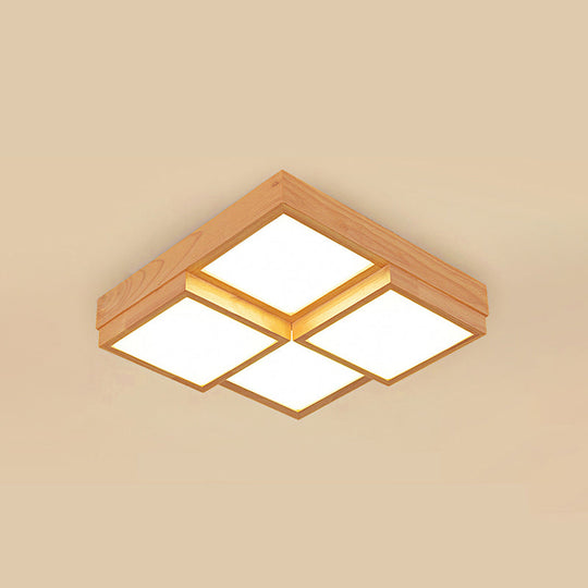Modern Natural Wood Square Flush Mount Ceiling Light - 4/6/9 - Light Led Wooden Fixture In