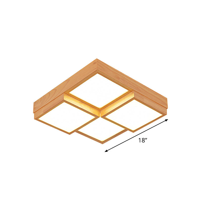 Modern Natural Wood Square Flush Mount Ceiling Light - 4/6/9 - Light Led Wooden Fixture In