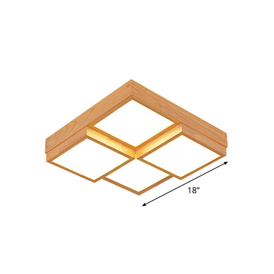 Modern Natural Wood Square Flush Mount Ceiling Light - 4/6/9 - Light Led Wooden Fixture In