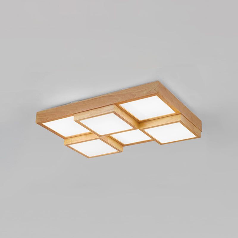 Modern Natural Wood Square Flush Mount Ceiling Light - 4/6/9 - Light Led Wooden Fixture In