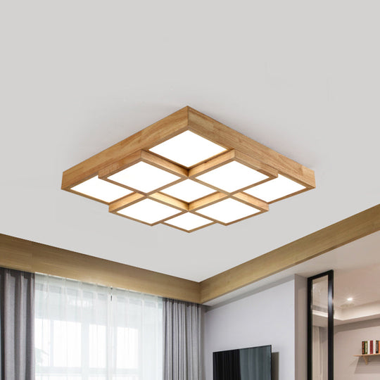 Modern Natural Wood Square Flush Mount Ceiling Light - 4/6/9 - Light Led Wooden Fixture In