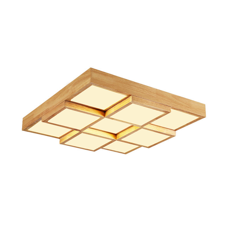 Modern Natural Wood Square Flush Mount Ceiling Light - 4/6/9 - Light Led Wooden Fixture In
