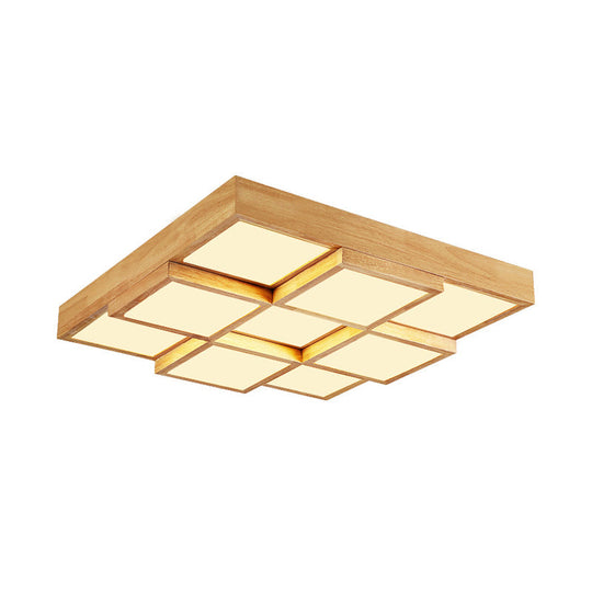 Modern Natural Wood Square Flush Mount Ceiling Light - 4/6/9 - Light Led Wooden Fixture In