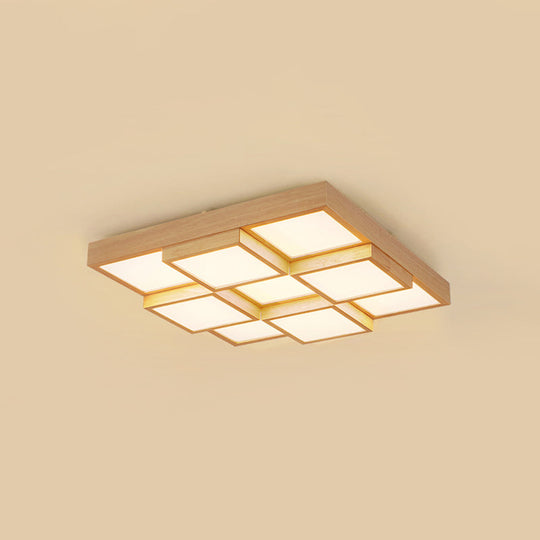 Modern Natural Wood Square Flush Mount Ceiling Light - 4/6/9 - Light Led Wooden Fixture In