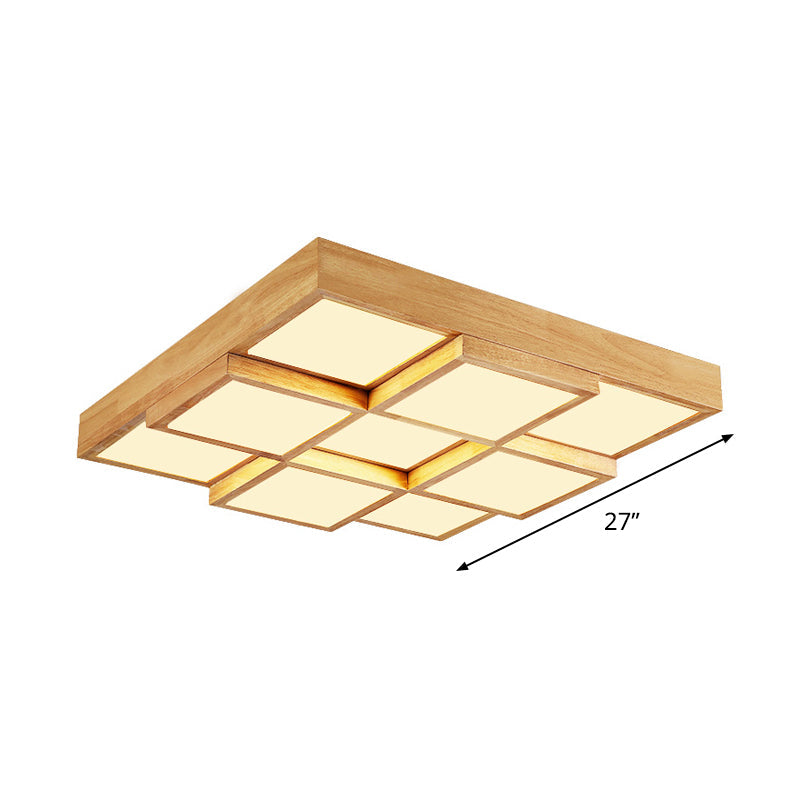 Modern Natural Wood Square Flush Mount Ceiling Light - 4/6/9 - Light Led Wooden Fixture In