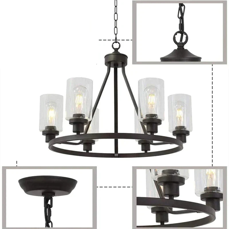Round Six Heads Wrought Iron Chandelier Bar Restaurant Glass Lamps Pendant