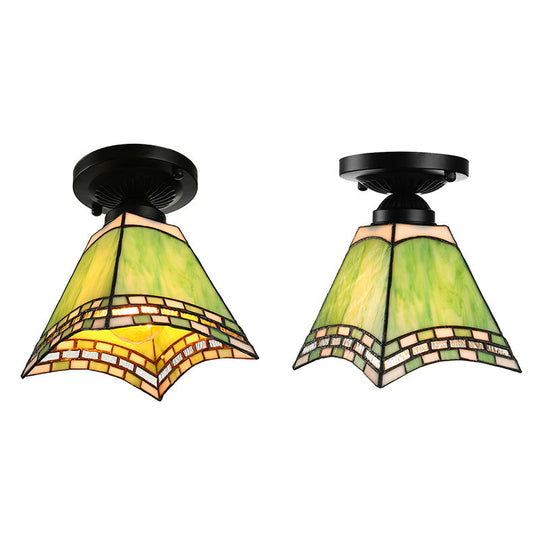 Tiffany - Style Art Glass Ceiling Light - 1 Green Flush Mount Fixture For Offices And Corridors