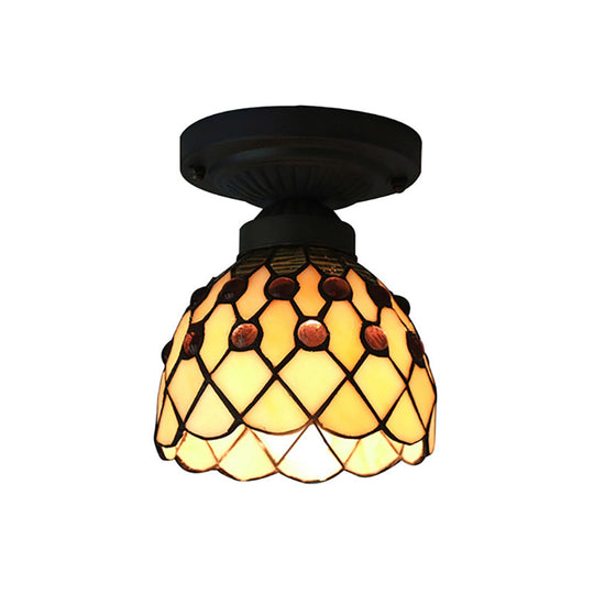 Retro - Style Cup Shade Semi Flush Mount Ceiling Light - Purple/Beige Glass Fixture With Jewel