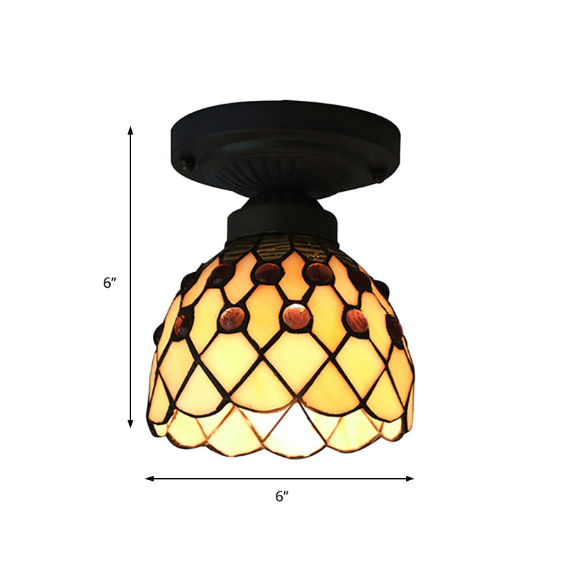 Retro - Style Cup Shade Semi Flush Mount Ceiling Light - Purple/Beige Glass Fixture With Jewel