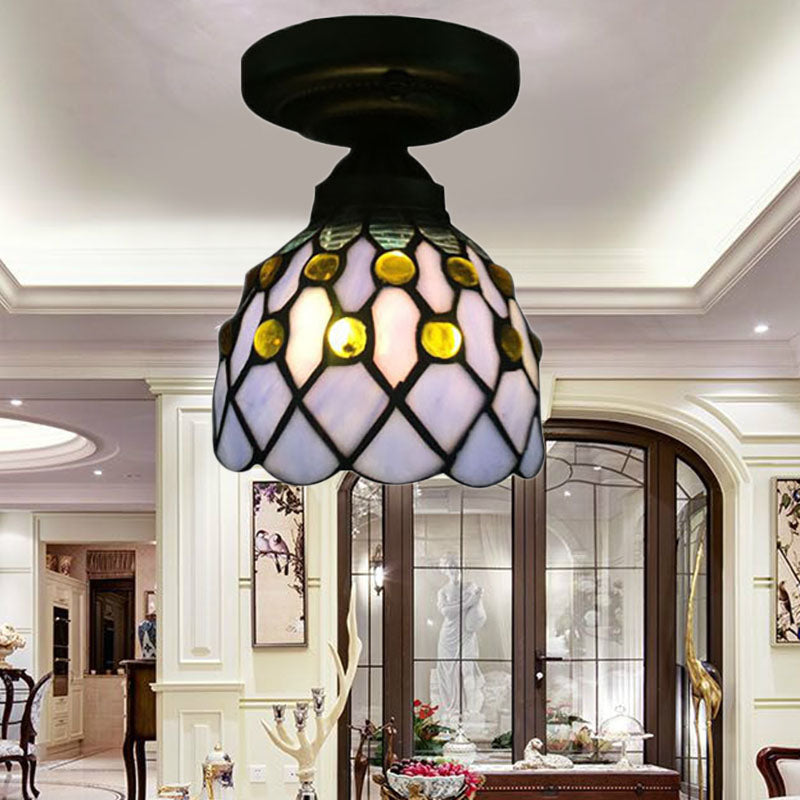 Retro - Style Cup Shade Semi Flush Mount Ceiling Light - Purple/Beige Glass Fixture With Jewel