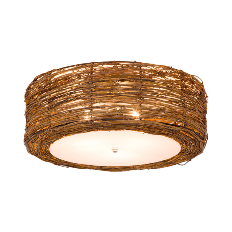 Modern 3 - Light Rattan Flush Mount Ceiling Lamp - Hand - Woven Round Shade In Brown 16’/19.5’