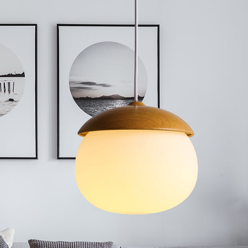 Alwaid - Japanese Style Glass & Wood Pendant Light 1 Nut Shaped Hanging / B