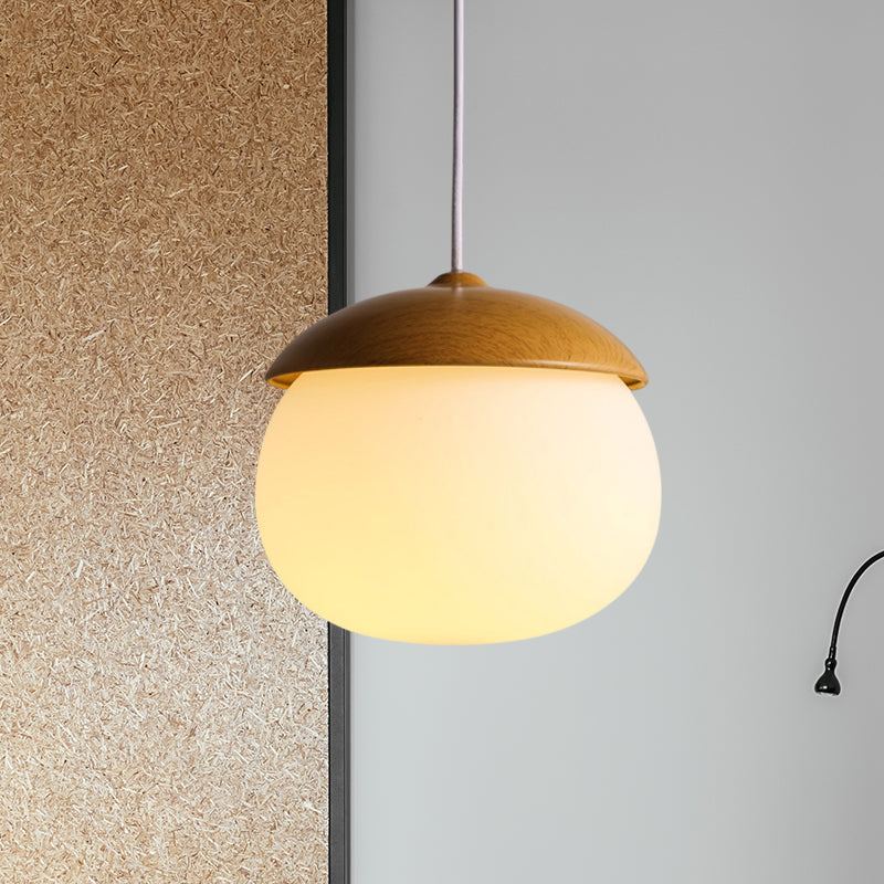 Alwaid - Japanese Style Glass & Wood Pendant Light 1 Nut Shaped Hanging