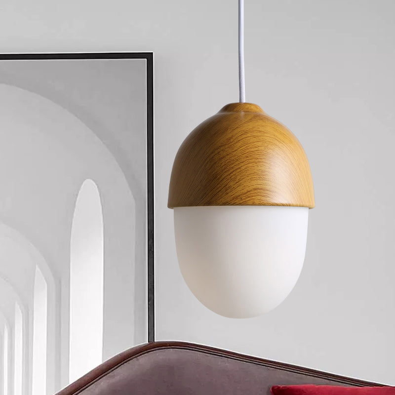 Alwaid - Japanese Style Glass & Wood Pendant Light 1 Nut Shaped Hanging