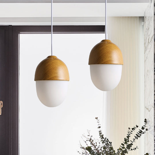 Alwaid - Japanese Style Glass & Wood Pendant Light 1 Nut Shaped Hanging