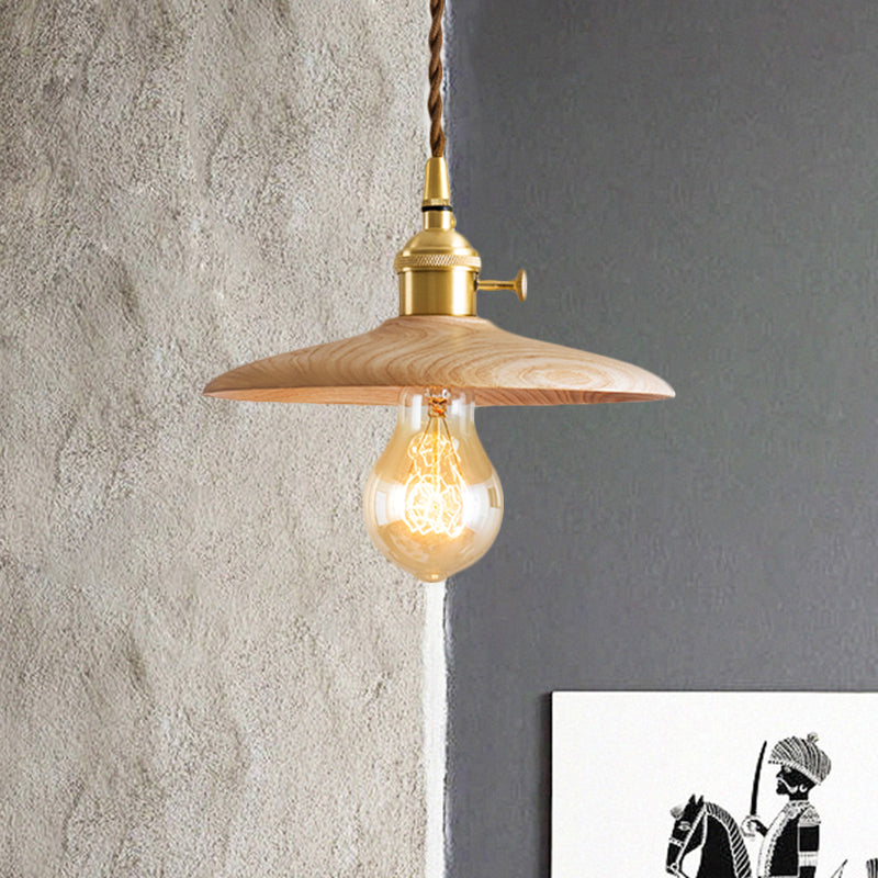 Brown/Beige Conical Living Room Suspension Light - 1 Contemporary Hanging Lamp In Wood Finish