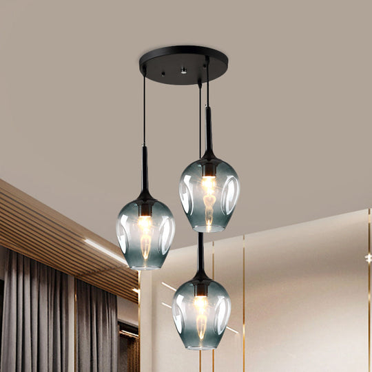 Riley - Black Tulip Cluster Lighting Modernist 3 Lights Amber/Smoke/Blue Glass Hanging Ceiling Lamp