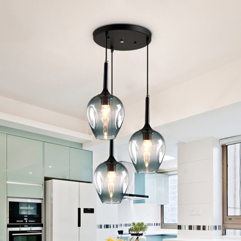 Riley - Black Tulip Cluster Lighting Modernist 3 Lights Amber/Smoke/Blue Glass Hanging Ceiling Lamp