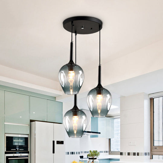 Riley - Black Tulip Cluster Lighting Modernist 3 Lights Amber/Smoke/Blue Glass Hanging Ceiling Lamp
