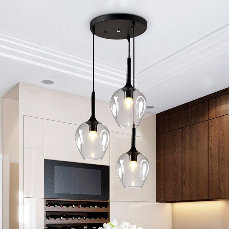 Riley - Black Tulip Cluster Lighting Modernist 3 Lights Amber/Smoke/Blue Glass Hanging Ceiling Lamp