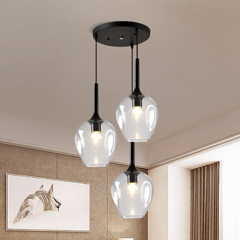 Riley - Black Tulip Cluster Lighting Modernist 3 Lights Amber/Smoke/Blue Glass Hanging Ceiling Lamp