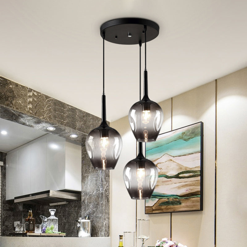 Riley - Black Tulip Cluster Lighting Modernist 3 Lights Amber/Smoke/Blue Glass Hanging Ceiling Lamp