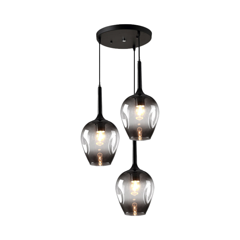 Riley - Black Tulip Cluster Lighting Modernist 3 Lights Amber/Smoke/Blue Glass Hanging Ceiling Lamp