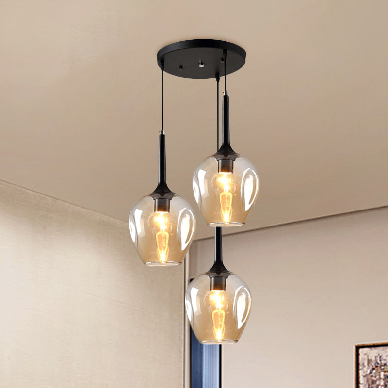 Riley - Black Tulip Cluster Lighting Modernist 3 Lights Amber/Smoke/Blue Glass Hanging Ceiling Lamp