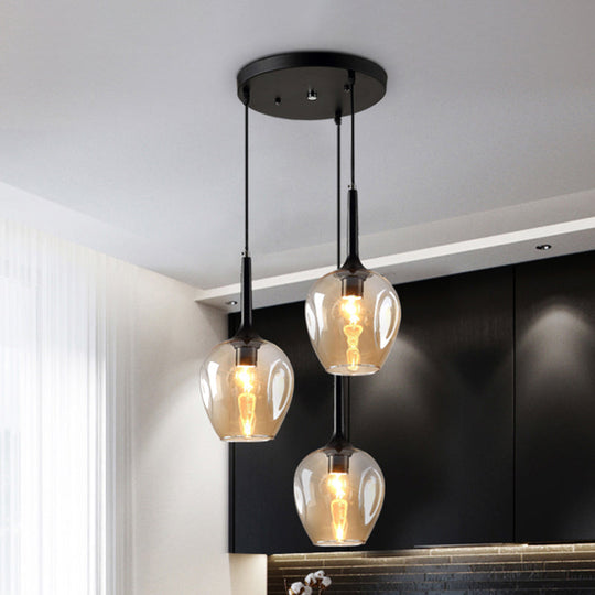Riley - Black Tulip Cluster Lighting Modernist 3 Lights Amber/Smoke/Blue Glass Hanging Ceiling Lamp