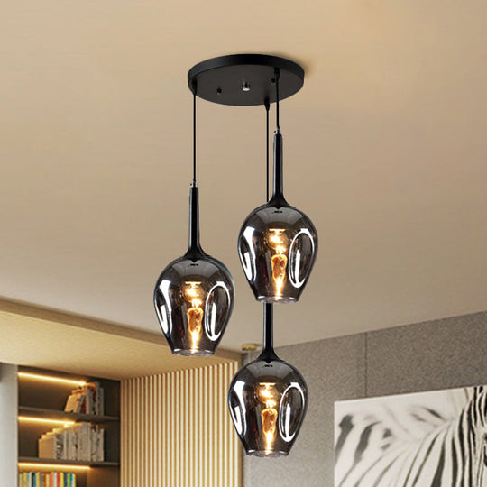 Riley - Black Tulip Cluster Lighting Modernist 3 Lights Amber/Smoke/Blue Glass Hanging Ceiling Lamp