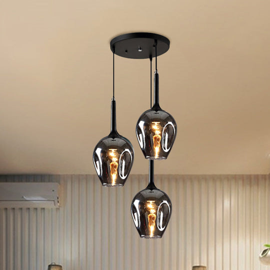 Riley - Black Tulip Cluster Lighting Modernist 3 Lights Amber/Smoke/Blue Glass Hanging Ceiling Lamp