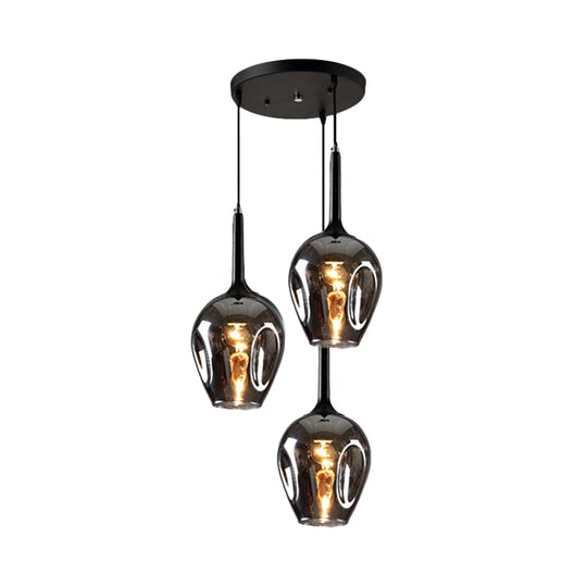 Riley - Black Tulip Cluster Lighting Modernist 3 Lights Amber/Smoke/Blue Glass Hanging Ceiling Lamp