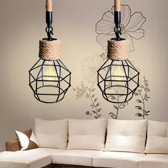Rustic Wire Cage Adjustable Drop Pendant In Black - Brown Ceiling Hang Light With Rope Accent Brown