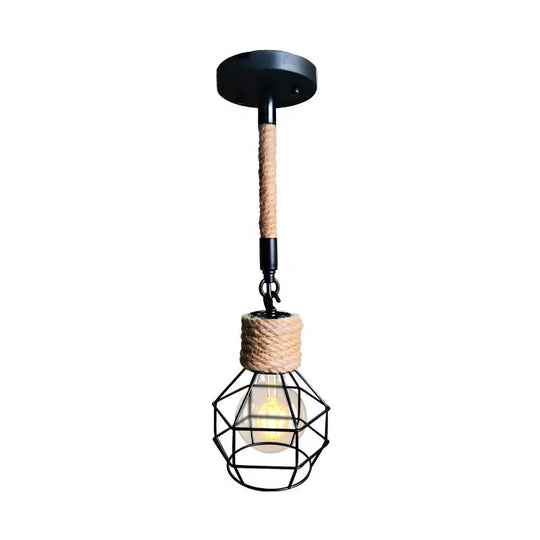 Rustic Wire Cage Adjustable Drop Pendant In Black - Brown Ceiling Hang Light With Rope Accent
