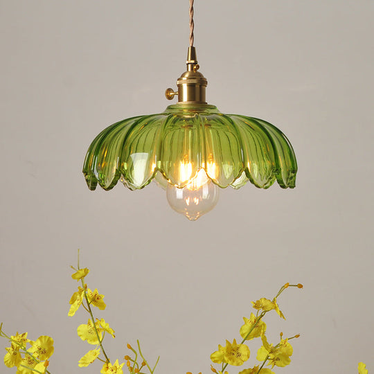 Chiara - Vintage Brass Pendant Light With Green Glass Scalloped Shade