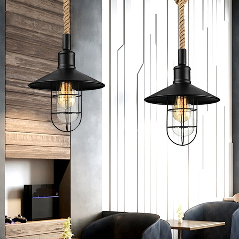 Kaylee - Farmhouse Single Iron Suspension Light Pendant In Black With Hemp Rope / A