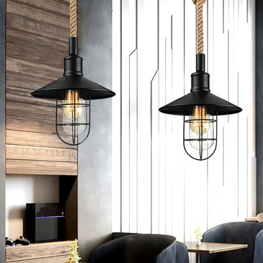 Kaylee - Farmhouse Single Iron Suspension Light Pendant In Black With Hemp Rope / A