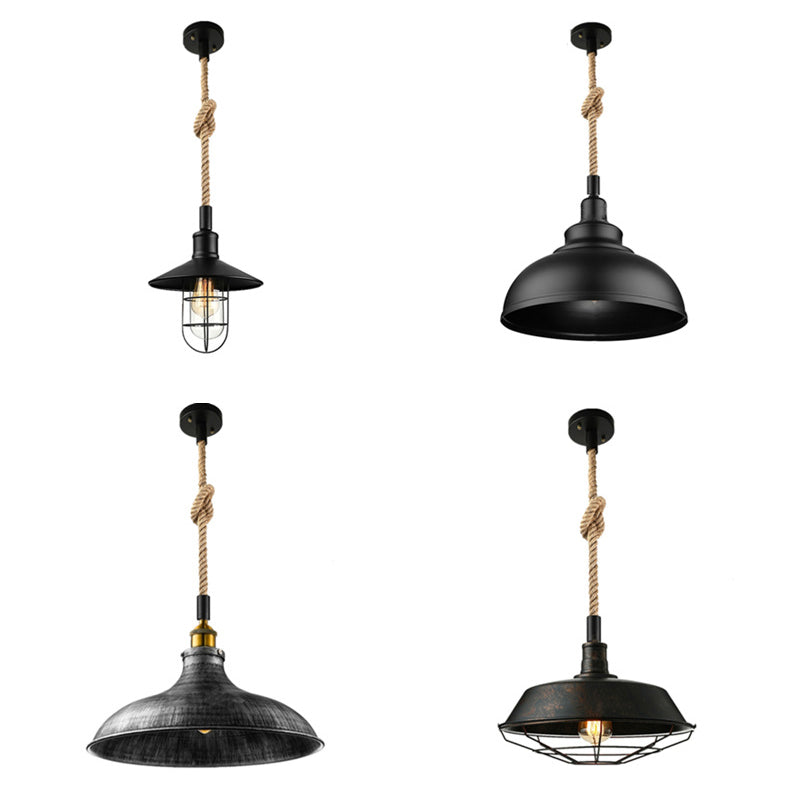 Kaylee - Farmhouse Single Iron Suspension Light Pendant In Black With Hemp Rope