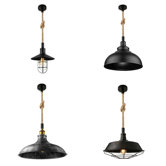 Kaylee - Farmhouse Single Iron Suspension Light Pendant In Black With Hemp Rope