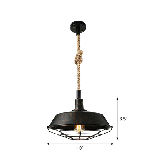 Kaylee - Farmhouse Single Iron Suspension Light Pendant In Black With Hemp Rope