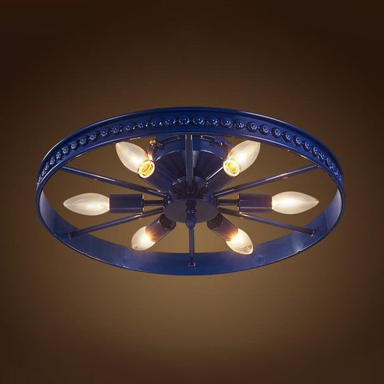 Farmhouse - Style 6 - Head Semi Flush Ceiling Light - Metallic Wheel Shade Lamp In Black/Bronze For