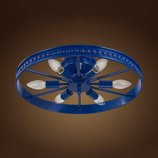 Farmhouse - Style 6 - Head Semi Flush Ceiling Light - Metallic Wheel Shade Lamp In Black/Bronze For