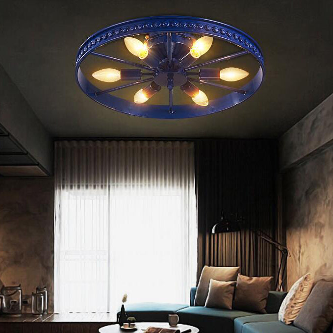 Farmhouse - Style 6 - Head Semi Flush Ceiling Light - Metallic Wheel Shade Lamp In Black/Bronze For