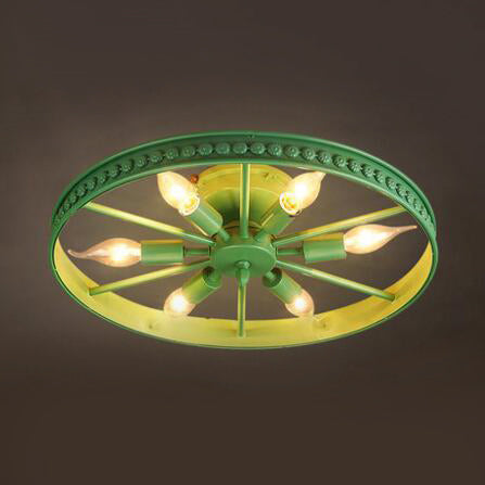 Farmhouse - Style 6 - Head Semi Flush Ceiling Light - Metallic Wheel Shade Lamp In Black/Bronze For