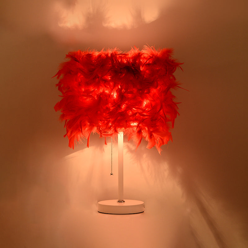 Avery - Romantic White/Red/Pink Cylindrical Table Lamp Modern 1 Bulb Feather Pull - Chain