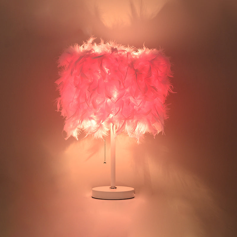 Avery - Romantic White/Red/Pink Cylindrical Table Lamp Modern 1 Bulb Feather Pull - Chain
