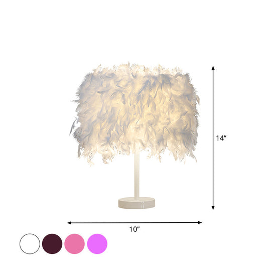 Clara - 14 10/14 Wide Cylinder Shaped Night Light Modern Feather 1 Head Bedside Table Lamp In